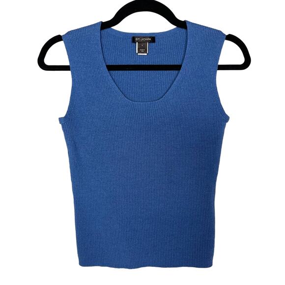St. John Tops - St John Small S Blue Ribbed Scoop Neck Wide Strap Shell Tank Top Wool Blend